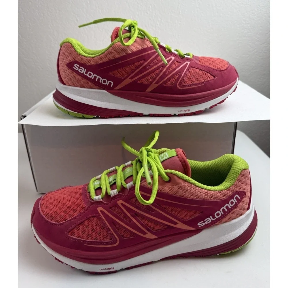Salomon Pulse Trail Running Shoes Pink Lime Mesh Athletic Sneakers Women Sz 7.5